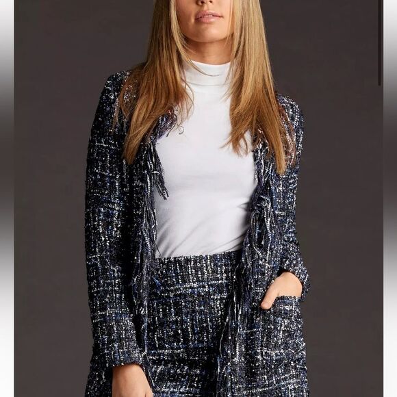 Boston Proper Metallic Tweed Duster Cardigan Sz 4 Fringe Holiday Party - Picture 1 of 6